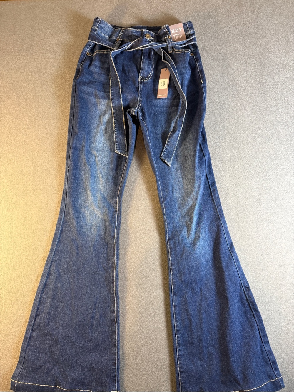 High-Rise Dark Blue Flare Jeans with Waist Tie